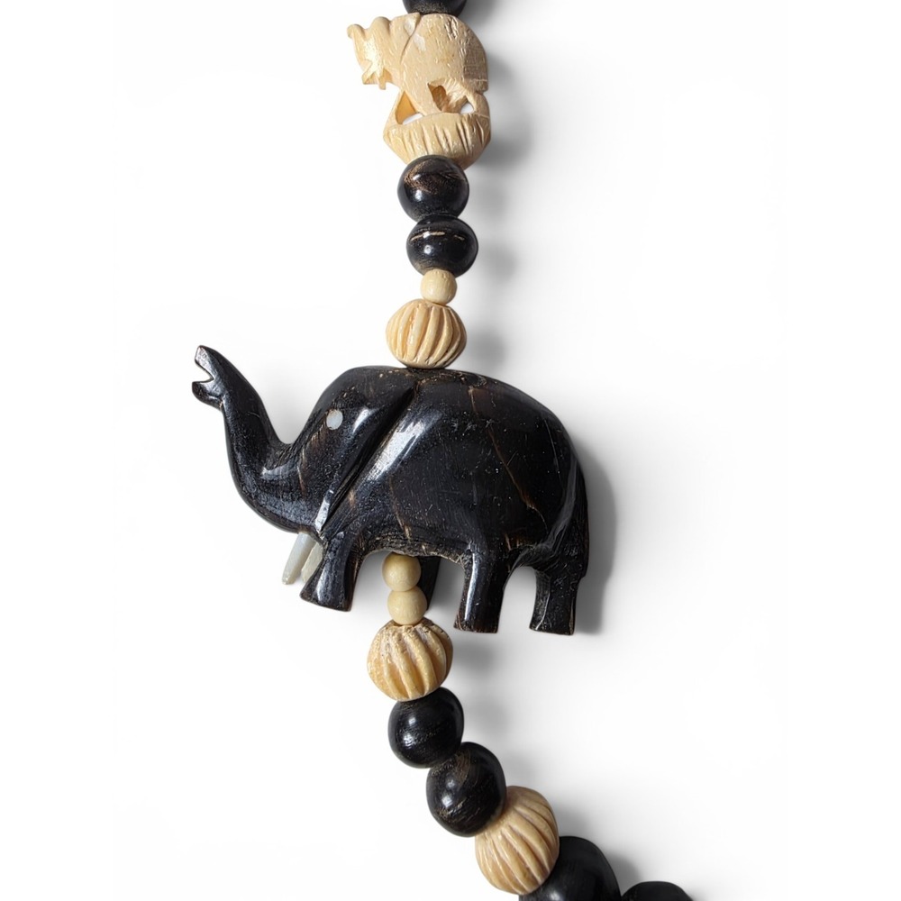 Vintage Chunky African Safari Carved Wood Elephant Necklace Deadstock - Picture 5 of 7